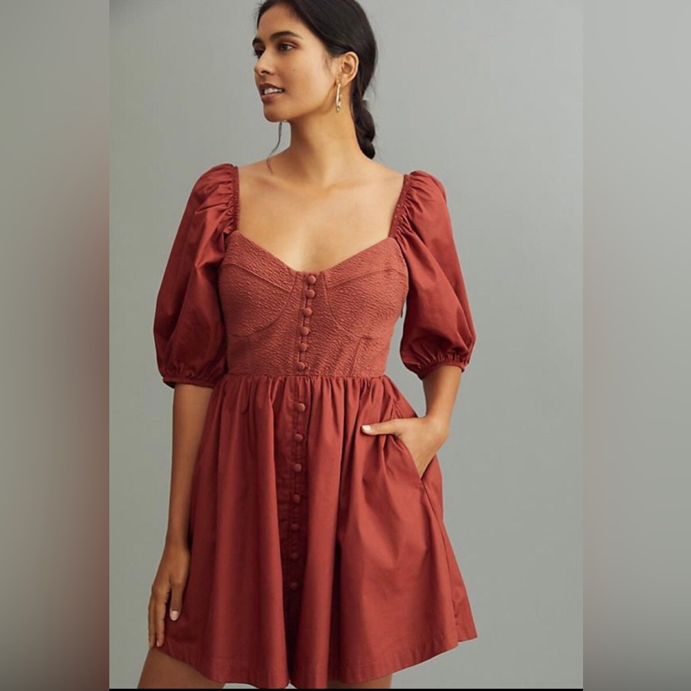 Anthropologie Maeve Puff-Sleeved Sweetheart Mini Dress - Rust color